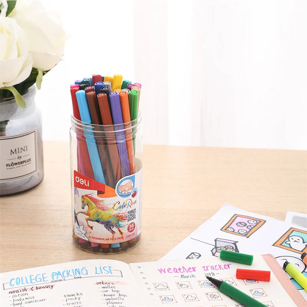 Fibre Tip Water Colour Marker Pen Set of 12 in a jar on a desk with colorful notes and flowers.
