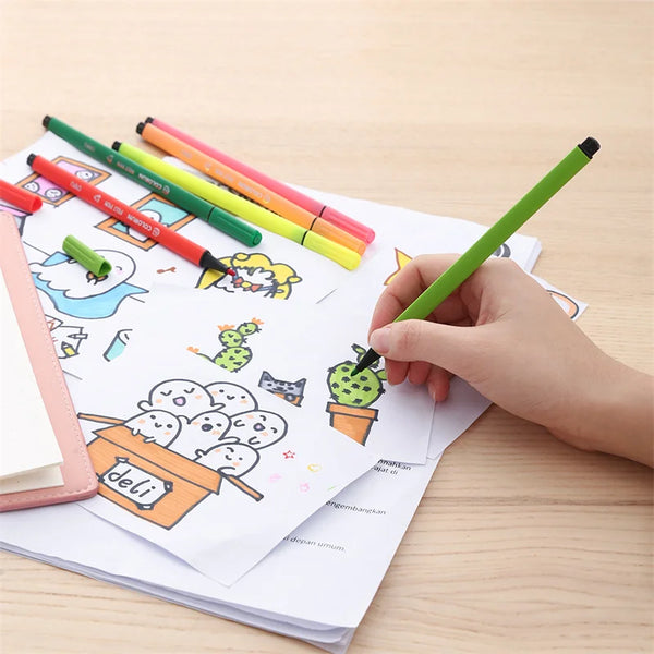 Person using Fibre Tip Water Colour Marker Pen Set of 12 to create colorful artwork on paper.