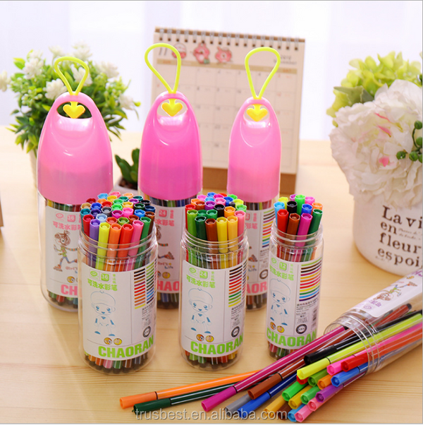 Fibre Tip Water Colour Marker Pen Set of 24 displayed in colorful containers on a wooden table.