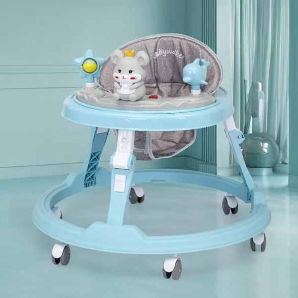 Foldable Anti-Tip Baby Activity Walker with fun toys and safety features in a stylish design.