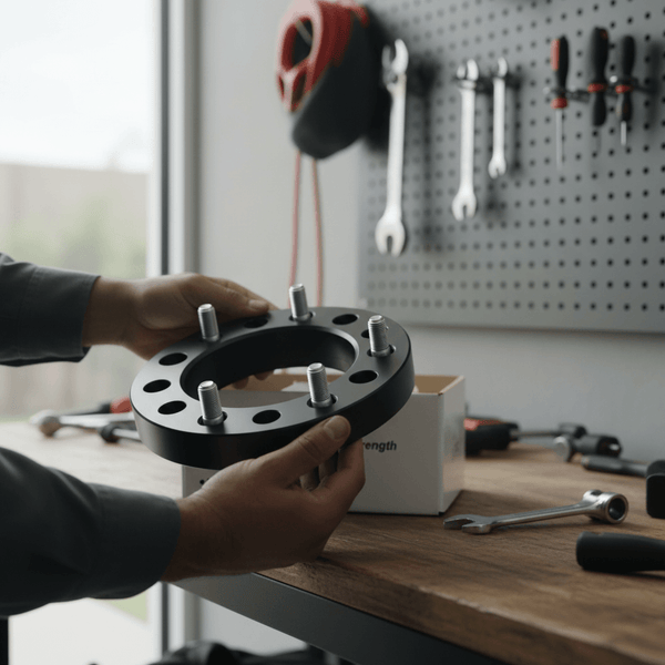 Forged Hubcentric Wheel Spacers being held over a workbench with tools in the background.
