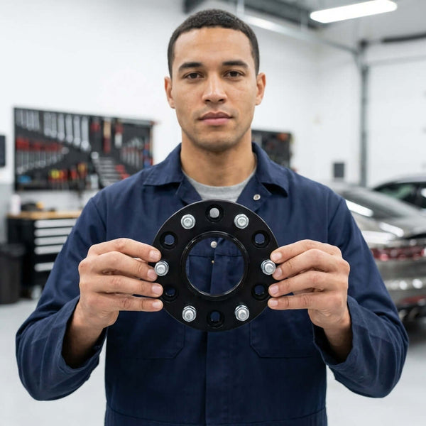Man holding Forged Hubcentric Wheel Spacers in a workshop, showcasing its design for improved vehicle stability.