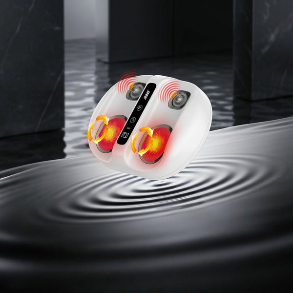 Electric Foot Massager with heated foot pads and control panel on a serene water surface background.