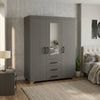 3-Door Grey Wooden Wardrobe with Mirrored Center & 3 Drawers in a modern bedroom setting.