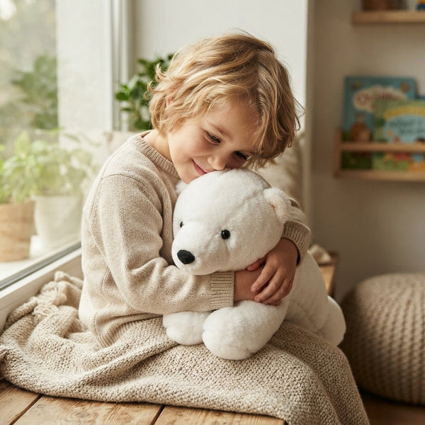 Child hugging a Polar Bear Plush Toy – Soft Cuddly Stuffed Animal, showcasing comfort and companionship.
