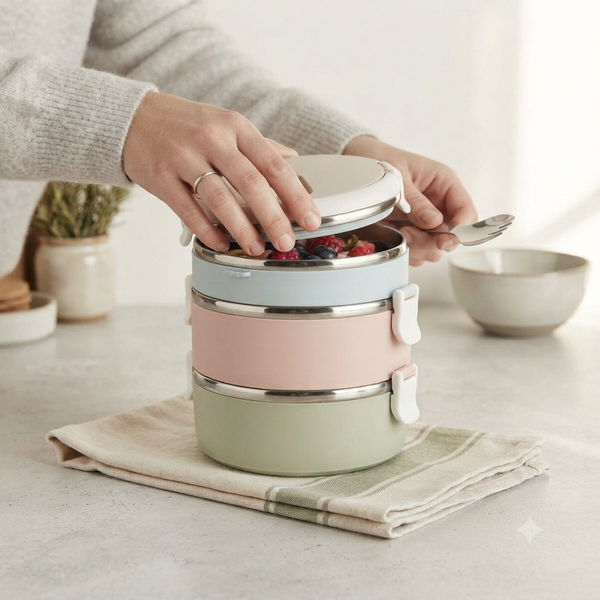 3 Layer Round Stainless Steel Thermal Insulated Lunch Box