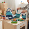 Kids Kitchen Helper Toy Cooking Set with colorful toy kitchen accessories and pretend cooking elements.