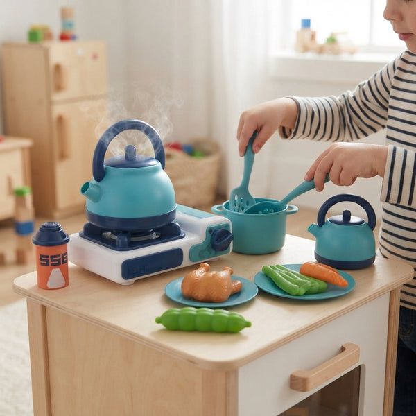 Kids Kitchen Helper Toy Cooking Set with colorful toy kitchen accessories and pretend cooking elements.