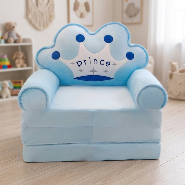 Childrens Animal Sofa Chair featuring a blue crown design with the word 'prince' on the backrest for kids' seating.