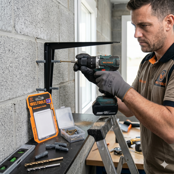 Man using 6-Piece Masonry Screw and Wall Plug Fixing Set to mount a bracket on a wall.