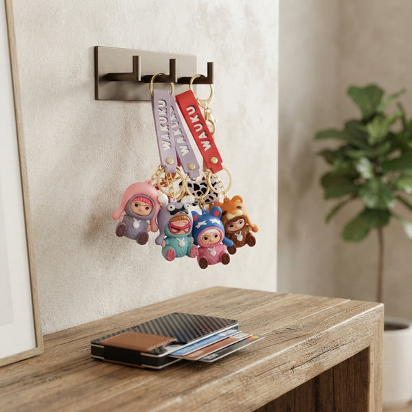 Colorful Soft Gel 3D Cartoon Figure Keychains hanging on a wall rack, perfect for adding charm to keys and bags.