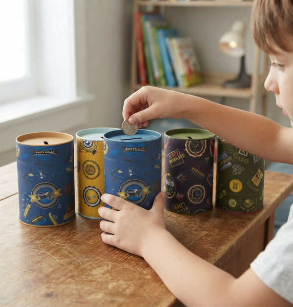 Kiddies Money Bank Tin with Coin Slot being used by a child to save coins in a colorful setting.