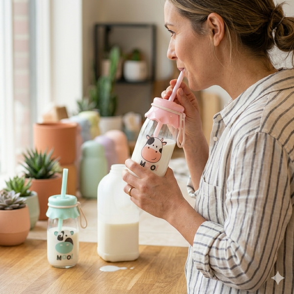 Cute Cow Print Glass Tumbler Set with Straw