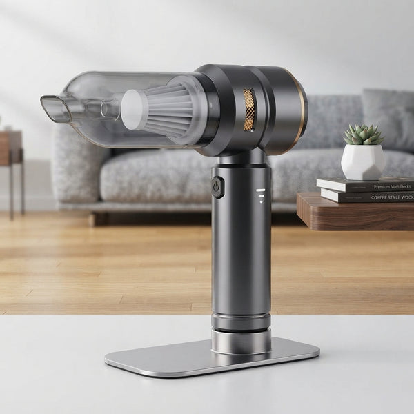 Handheld Portable Vacuum Cleaner on a sleek stand, designed for quick and convenient clean-ups.