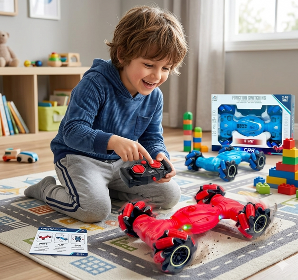 Child playing with remote-controlled 5-Way 2.4G RC Torsion Car Receiver Board in a colorful playroom.