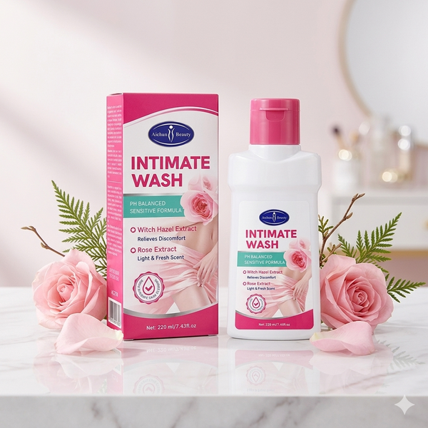 Natural pH Balanced Rose Intimate Wash in a bottle with box and rose petals on a marble surface.