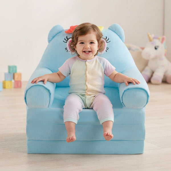 Childrens Animal Sofa Chair featuring a toddler comfortably seated, smiling, on a colorful animal-themed chair.