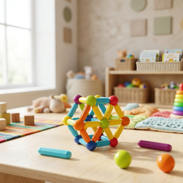 Rainbow Magnetic Construction Sticks & Balls Set displayed on a table in a colorful playroom, showcasing creative building shapes.
