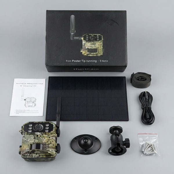 4G Solar-Powered Outdoor Trail Camera with accessories including solar panel, mounting kit, and instruction manual.