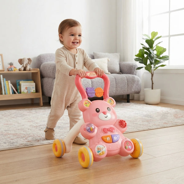 A happy toddler using the 2-in-1 Little Bear Baby Walker with Adjustable Design to practice walking.