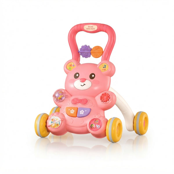 2-in-1 Little Bear Baby Walker with Adjustable Design in pink, featuring interactive buttons and supportive handle for infants.