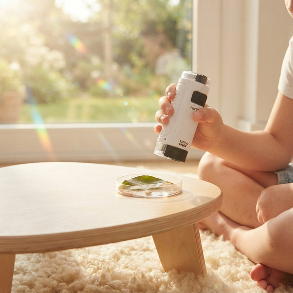 Child using Mini Portable Microscope to examine a leaf on a wooden table in a sunlit room.