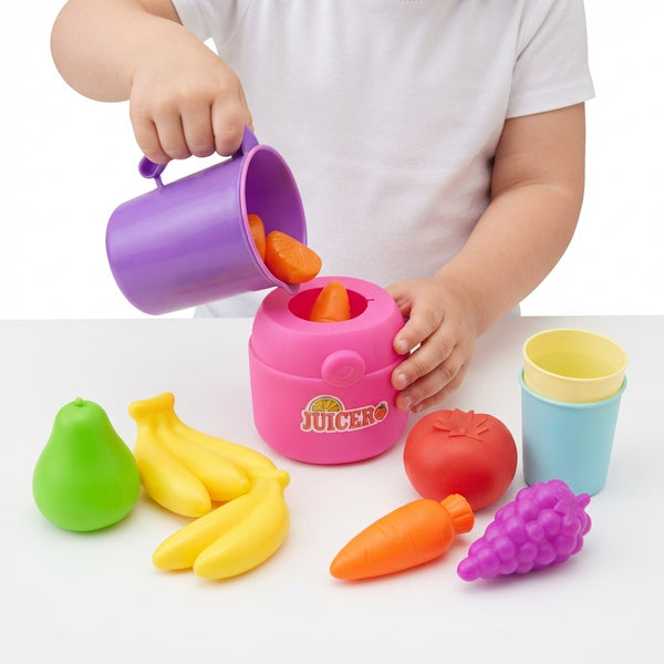 Child playing with Colour Match Pretend Juicer & Food Play Set featuring colorful fruits and cups.