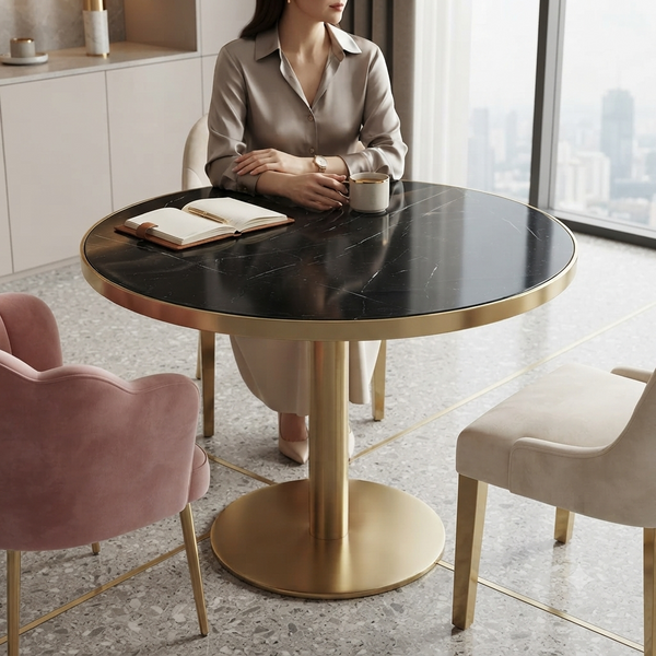 Round Marble-Look Accent Table with Gold Pedestal Base
