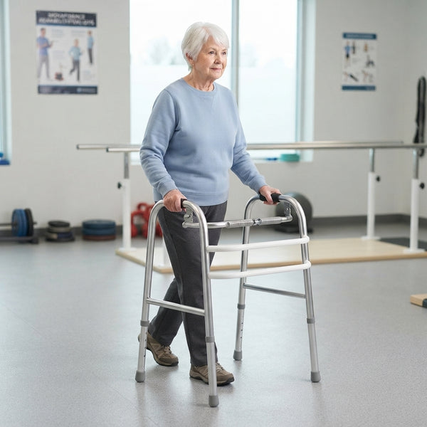 Senior woman using a Stainless Steel Walking Aid for support while walking in a rehabilitation setting.