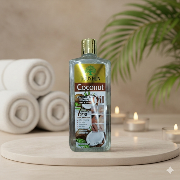 Pure Coconut Face and Body Oil bottle on a wooden surface with towels and candles in the background.