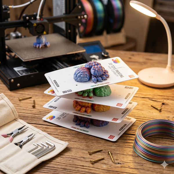 3D Printed Articulated Spider Toy Ornament displayed with colorful prints and a 3D printer setup.