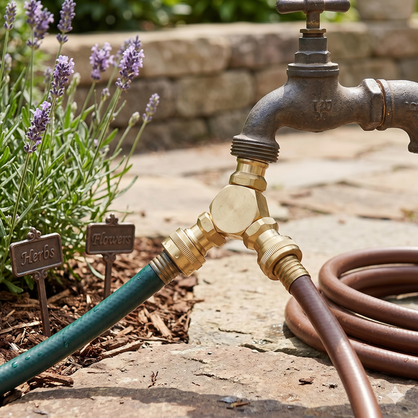 Heavy Duty Brass 3-Way Garden Hose Splitter connected to hoses and garden faucet with herbs and flowers in the background.
