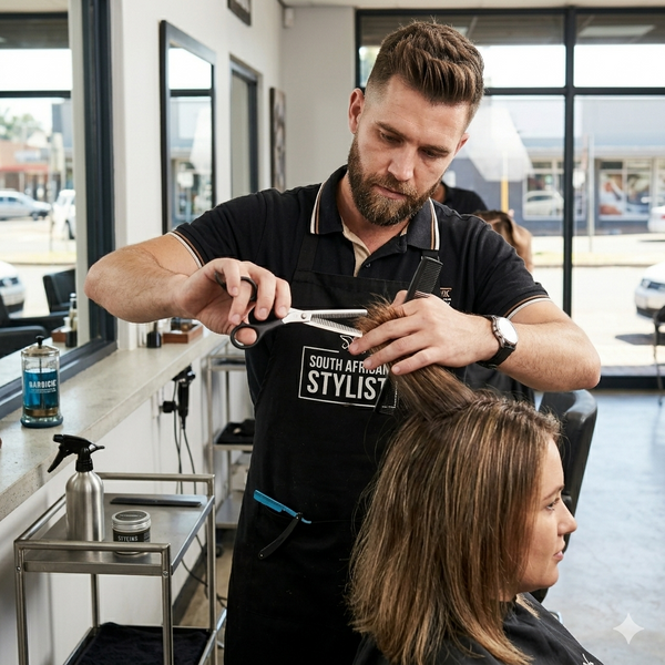 A hairstylist using Portable Stainless Steel Hairdressing Thinning Scissors on a client's hair in a salon.