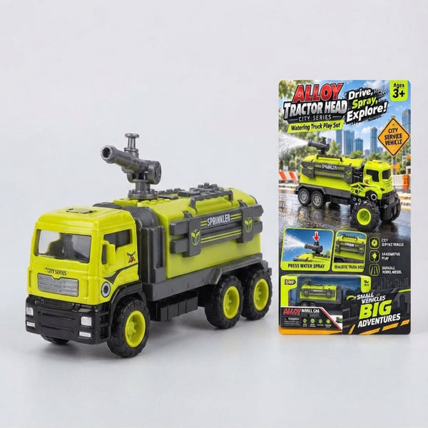 Alloy Tractor Head Watering Truck Play Set with water spray feature, ideal for imaginative play, perfect for kids aged 3 and up.