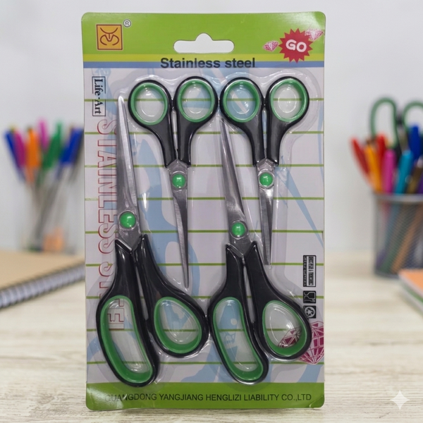 Multi-Size Stainless Steel Professional Scissors set in packaging with black and green handles.