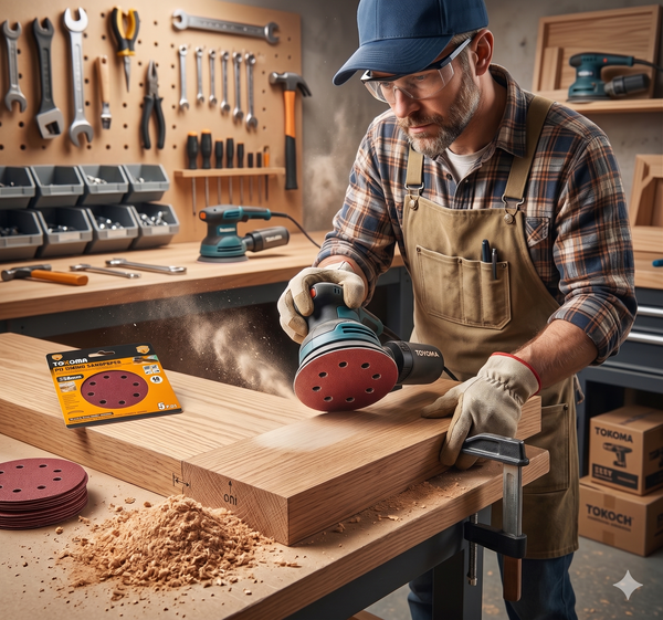 Craftsman using a sander on wood with 5-Inch 8-Hole Aluminum Oxide Sanding Discs packaging visible in workshop.