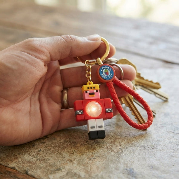 A hand holding a Pixel Character Light-Up Keychain attached to keys, featuring a playful pixel-style character design.