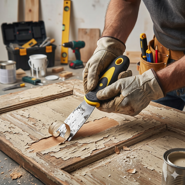Man using a Stainless Steel Professional Paint Scraper to remove old paint from a wooden surface.