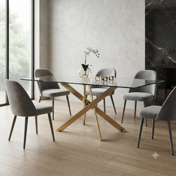 Modern Rectangular Glass Dining Table with Black Metal Base