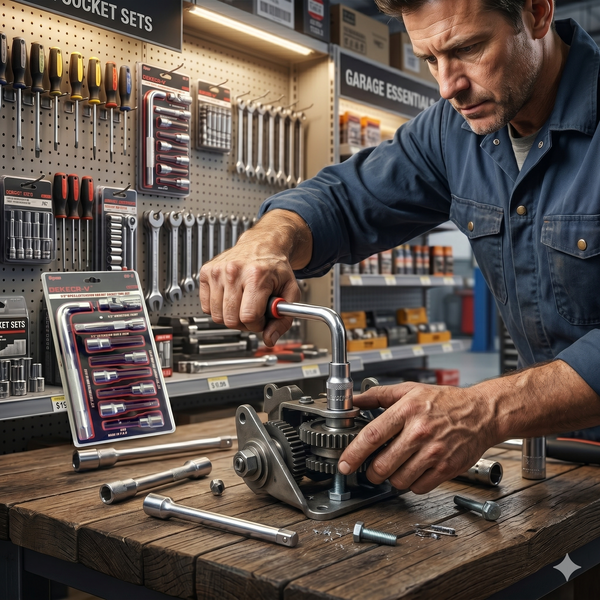 A mechanic using the 9-Piece Heavy Duty L-Handle Socket Set to repair a complex machine in a well-stocked garage.