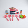 Kids Kitchen Pretend Playset with Cooking Accessories featuring toy stove, cookware, utensils, and colorful food items.