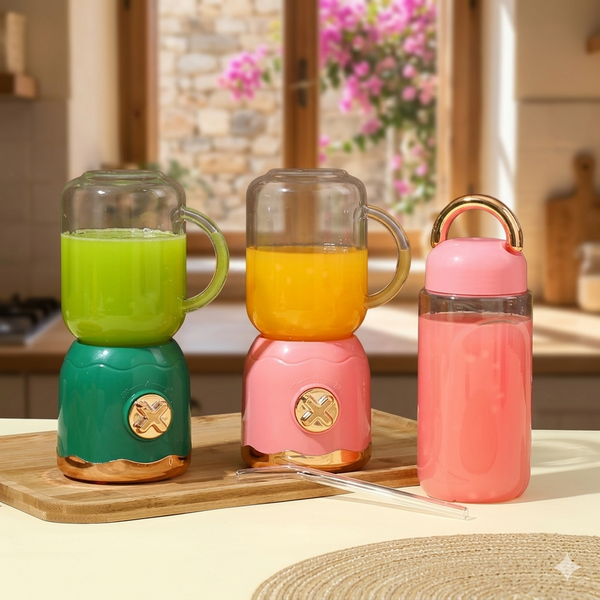 Portable USB Rechargeable Double Cup Juicer in pink and green color with smoothies on display.
