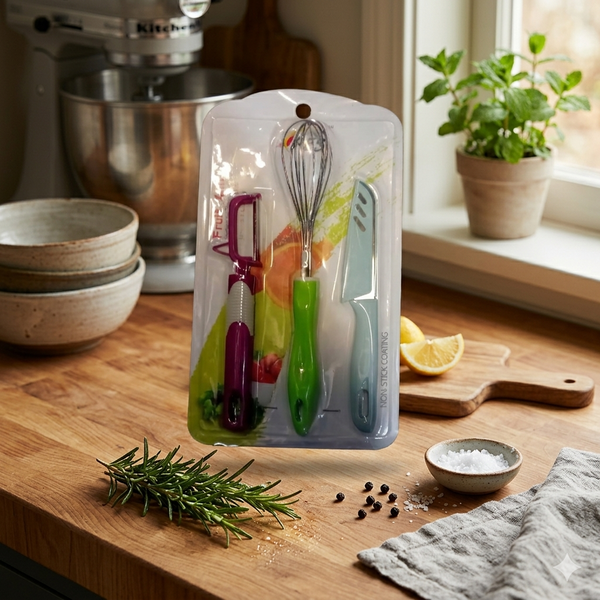 Portable 3 Piece Colorful Kitchen Tool Set displayed with utensils on a wooden kitchen countertop.