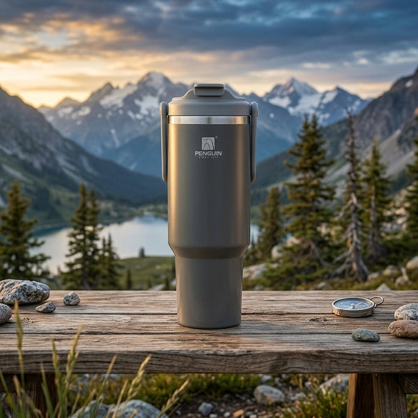 1200ml Insulated Travel Tumbler on a wooden table with mountains and a lake in the background.
