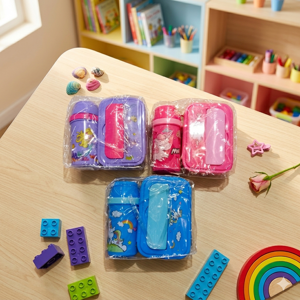 Kids Cute Character Bento Lunch Box & Matching Drink Cup set displayed on a table, perfect for packed meals.