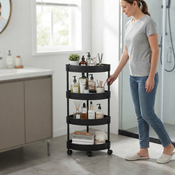 4-Tier Corner Storage Trolley with Wheels holding various beauty and spa products in a bathroom setting.