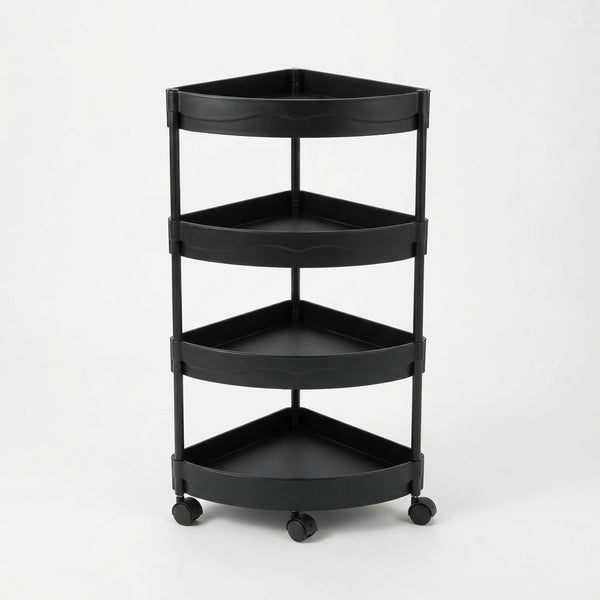 4-Tier Corner Storage Trolley with Wheels featuring a sleek black design and rolling wheels for easy mobility.