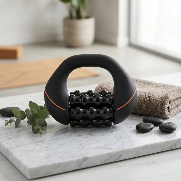 Multi-Roller Muscle Massage Tool on a marble countertop with towels and plants in the background.