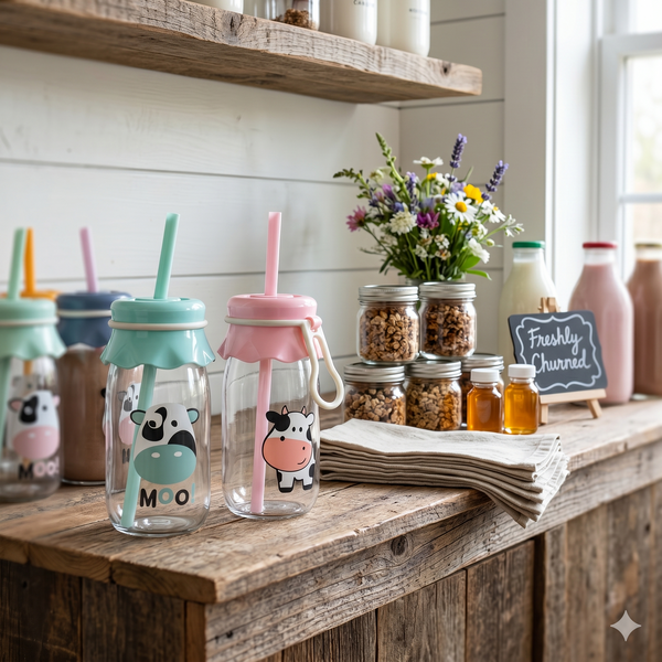 Cute Cow Print Glass Tumbler Set with Straw