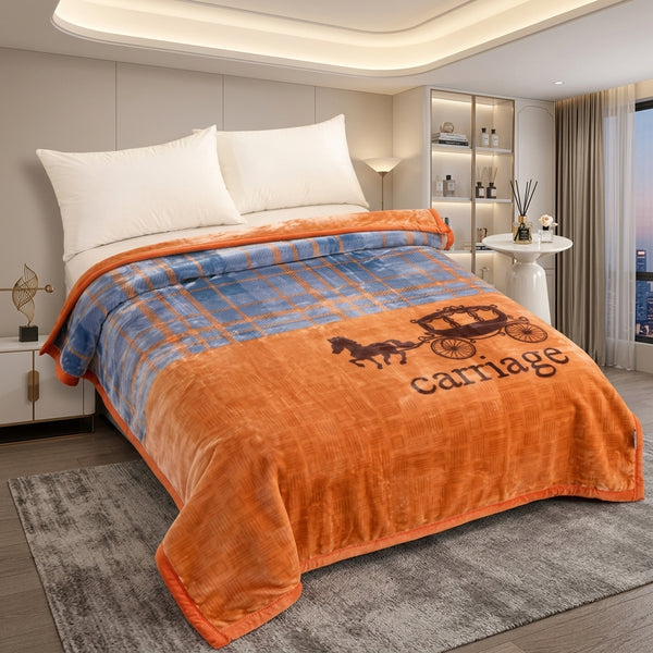 Soft Printed Blanket in orange and blue hues with carriage design, perfect for cozy and stylish home décor.
